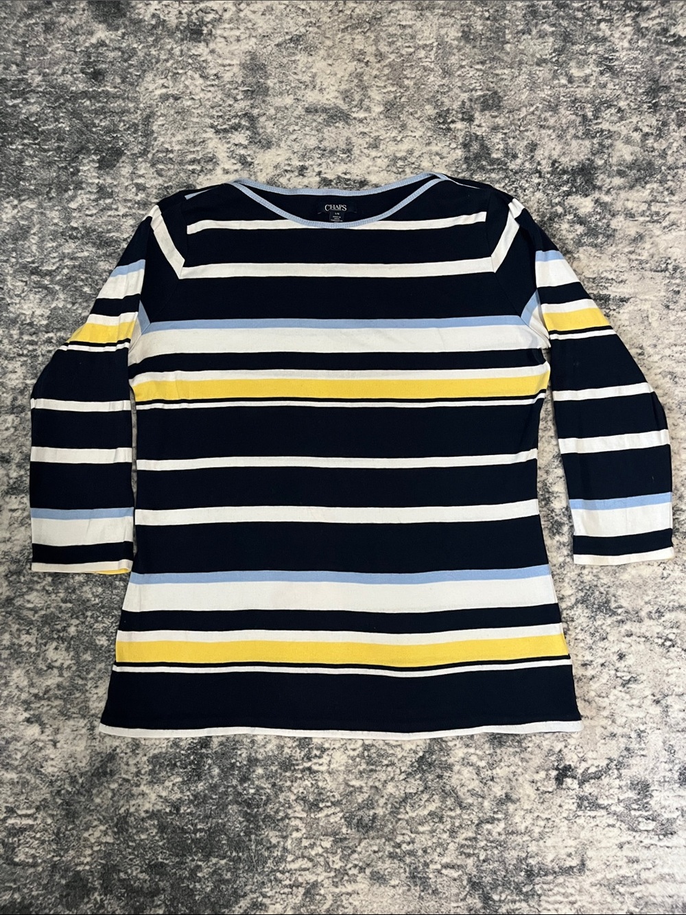 Chaps Navy White Light Blue Yellow Striped Boatneck Top
